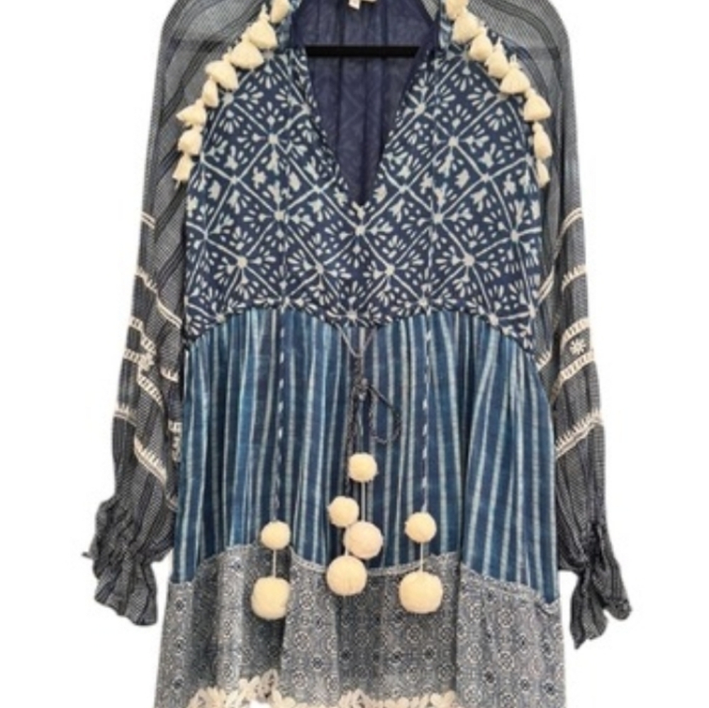 Hemant & Nandita Long Flounce Sleeve V Neck Blue Dress Hemline Lace Detail Sz S